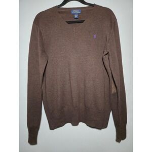 Polo Ralph Lauren Brown V Neck Sweater XL Elbow Patch Cotton Preppy Academia
